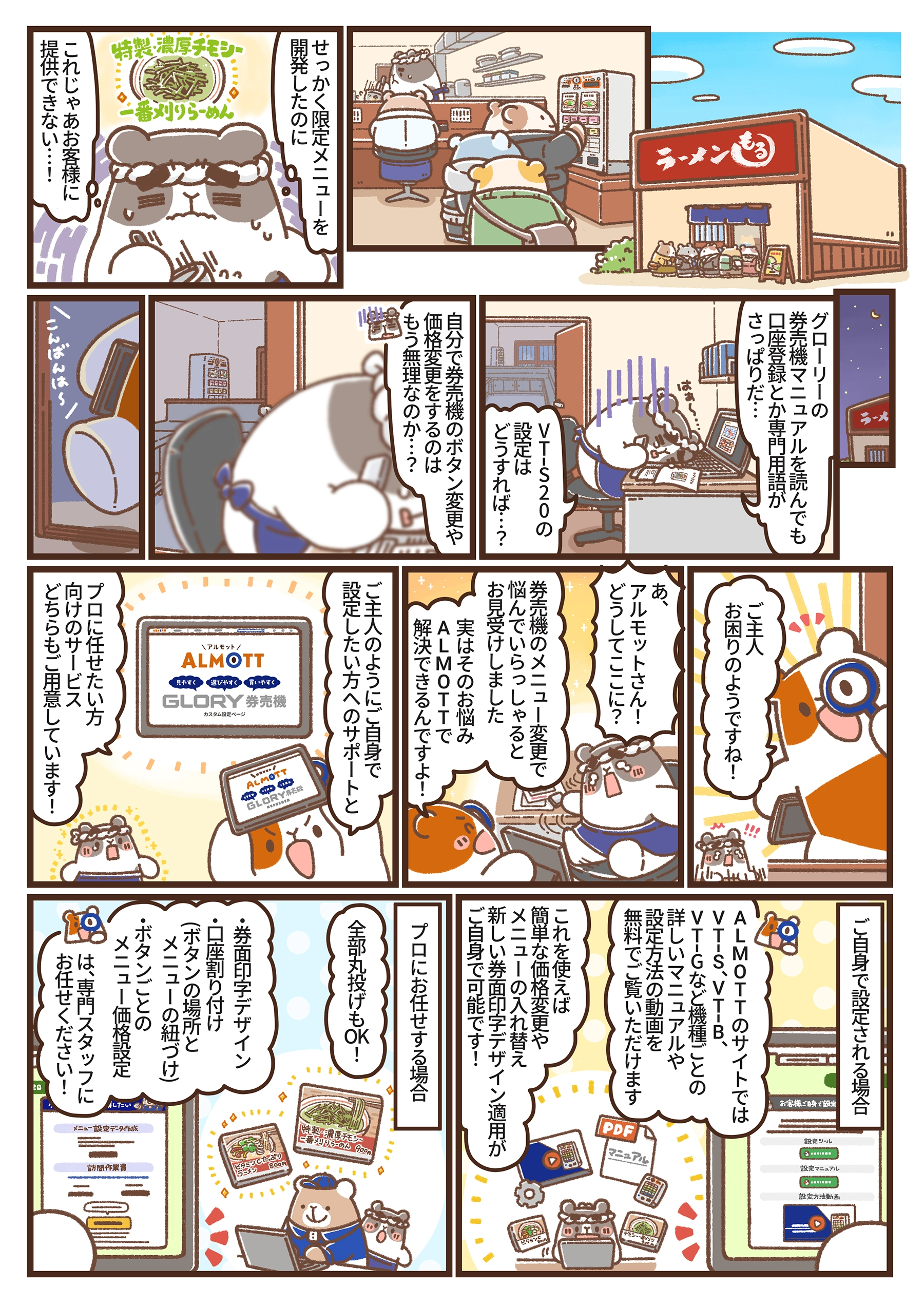 券売機の設定に悩むご主人の前にアルモットくんが登場する漫画の1ページ目。