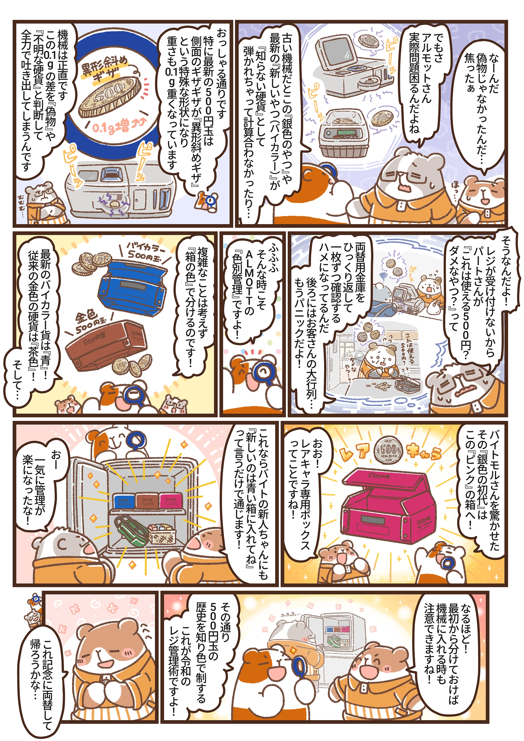 500円玉の変遷と、それに伴う硬貨処理対応について描かれた漫画の2ページ目。