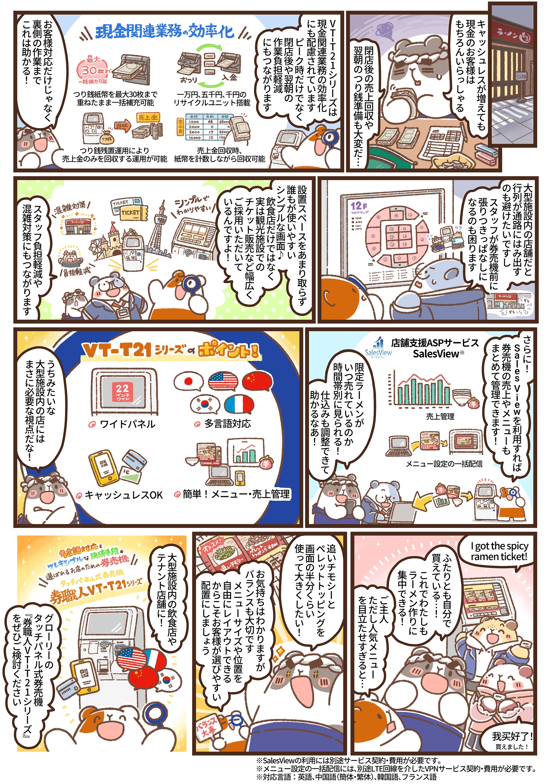 キャッシュレス決済、現金管理の効率化、SalesView、券売機選びのチェックポイントをアルモットくんが解説する漫画第41話の2ページ目。