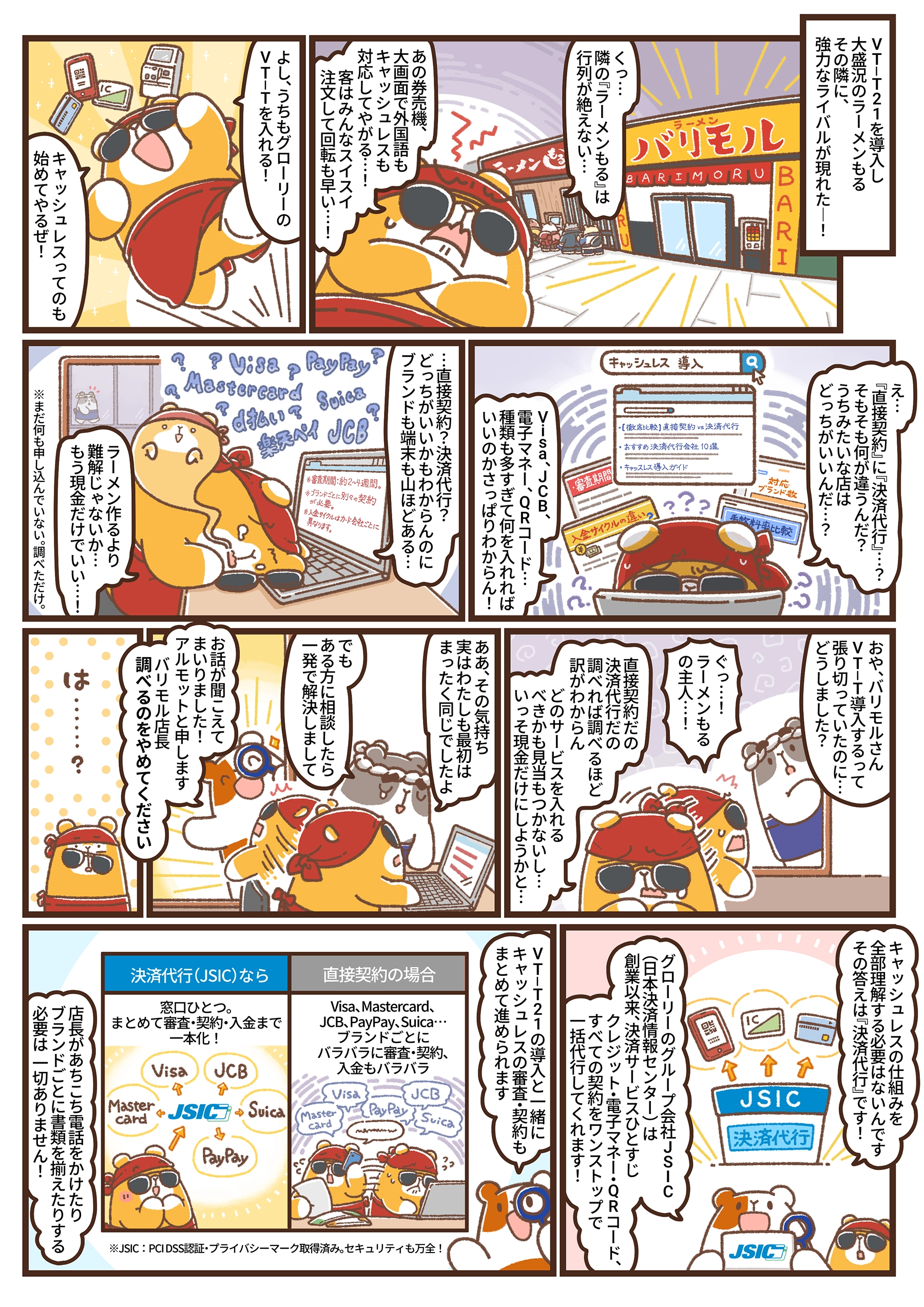 キャッシュレス決済導入に悩むラーメン バリモルの店長に、アルモットくんがJSICを紹介する漫画第42話の1ページ目。