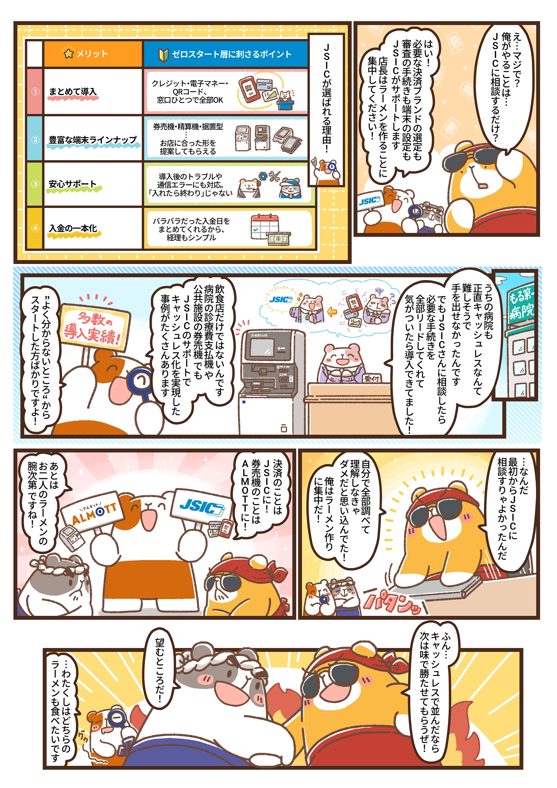 JSICが選ばれる理由、診療費支払機や公共施設の券売機でのキャッシュレス化事例、ALMOTTへの導線を紹介する漫画第42話の2ページ目。