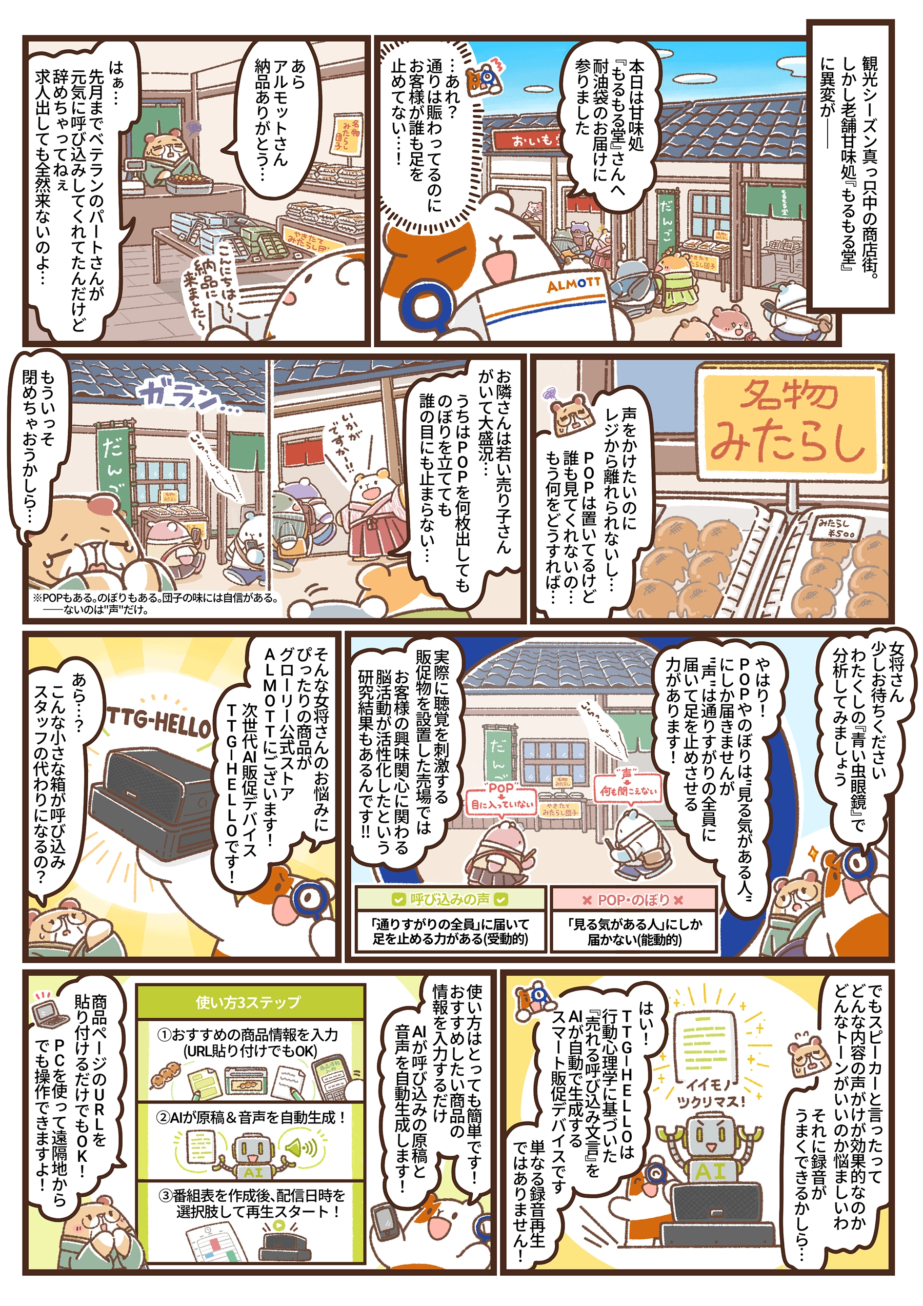 第43話1ページ目。甘味処もるもる堂で呼び込みスタッフ不足に悩む女将モルに、アルモットくんがTTG-HELLOを紹介する漫画。