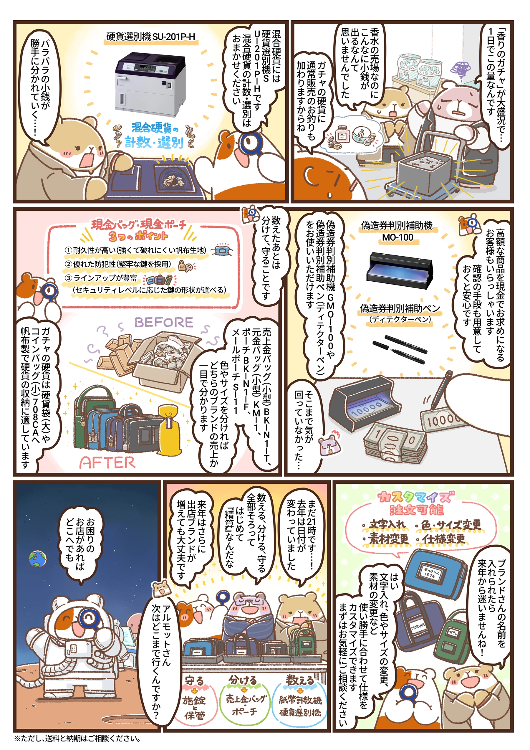 紙幣計数機、硬貨選別機、偽造券判別補助機、現金バッグで催事の売上精算を解決する漫画第45話の2ページ目。