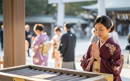神社に飾られた鏡餅と正月の情景