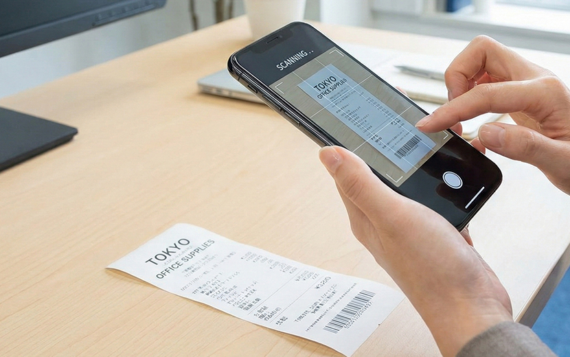 スマートフォンのアプリでレシートを撮影して保存している様子
