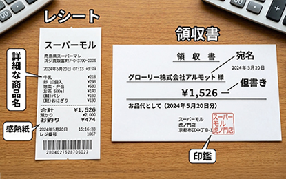 レシートと領収書を並べて比較するイメージ