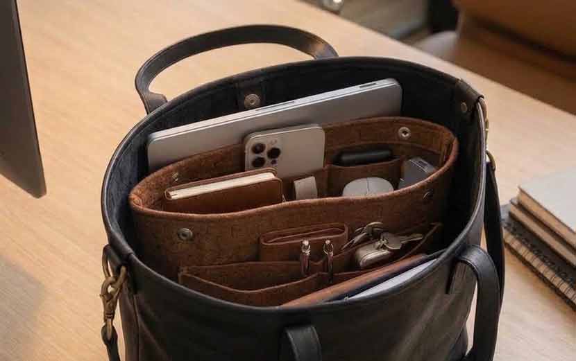フェルトバッグで整理された机の上と鞄のイメージ