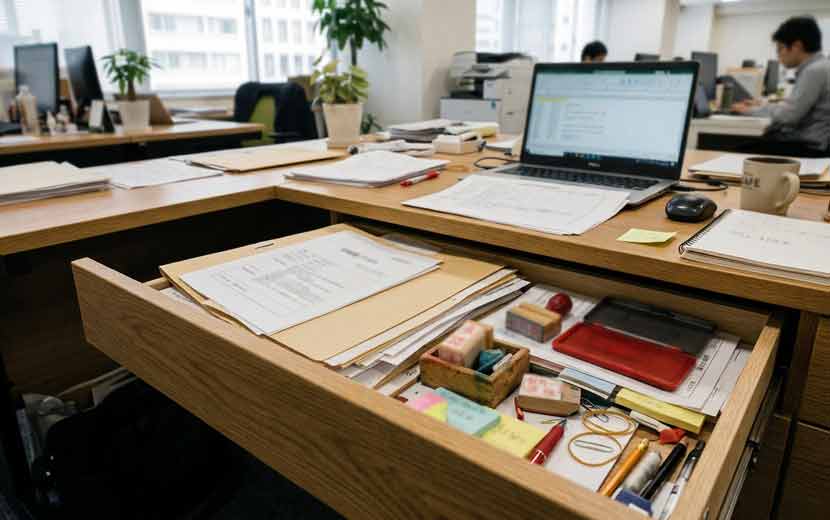 机の引き出しから書類やスタンプが見える雑然としたイメージ