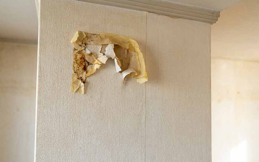 経年劣化した粘着テープが壁紙を傷めているイメージ