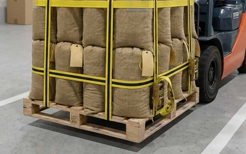 荷崩れ防止のベルトで固定された積載物のイメージ