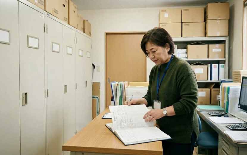 出納台帳と保管庫で管理体制を確認している施設職員のイメージ