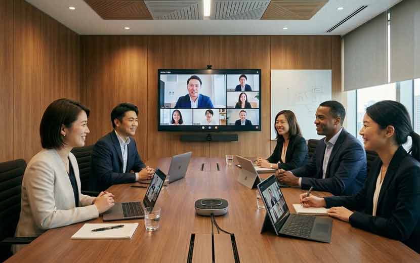 音声環境が整った会議室でオンライン会議をしているイメージ