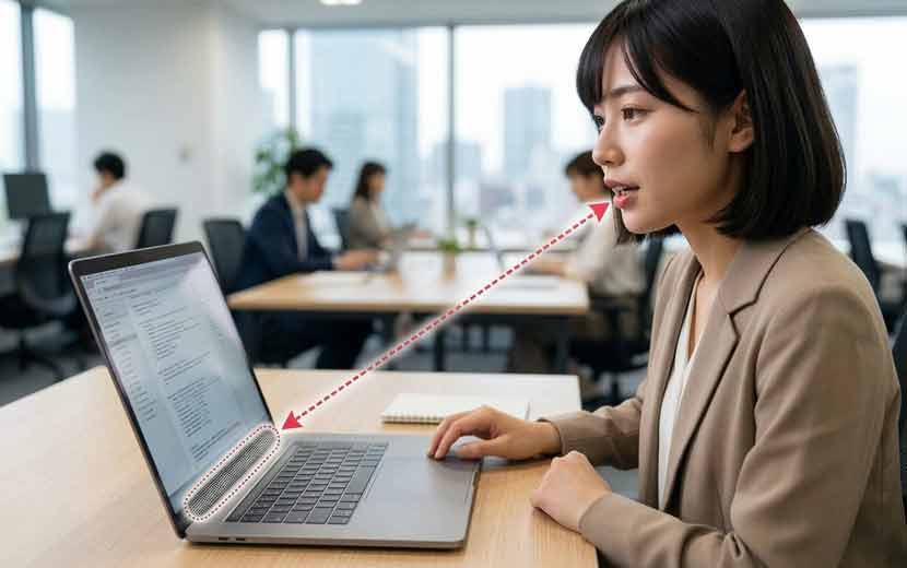 口元とノートパソコンのマイクの距離を示したイメージ
