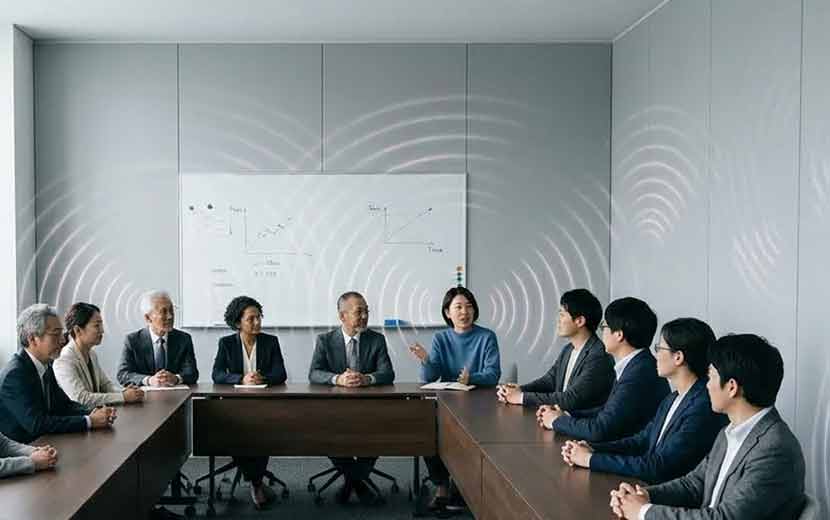 会議室の壁に音が反射している様子を示したイメージ