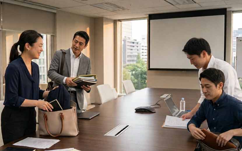 短時間で終わった会議のあと片付けをしている会議室のイメージ