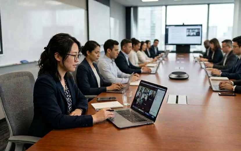 細長い会議テーブルの端に座る参加者のイメージ