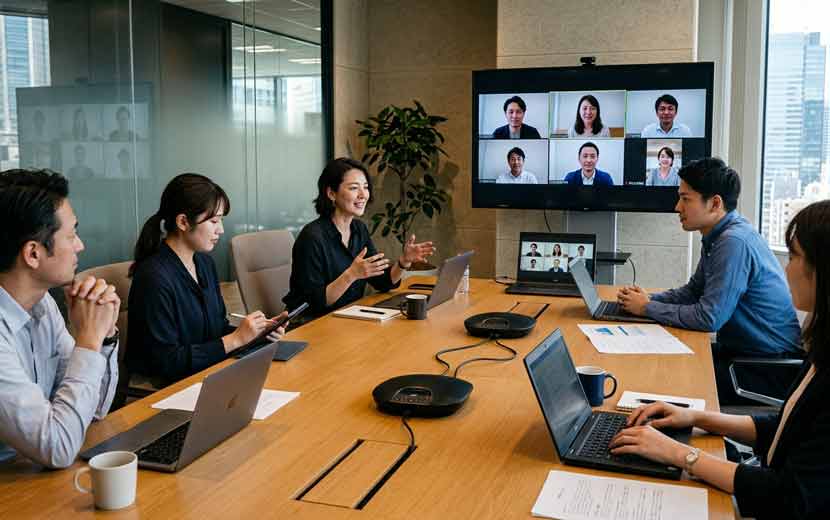 複数のスピーカーフォンを配置した会議室のイメージ