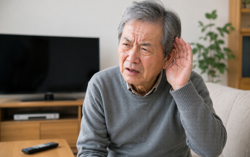 耳に手を当てて話を聞こうとする高齢者のイメージ