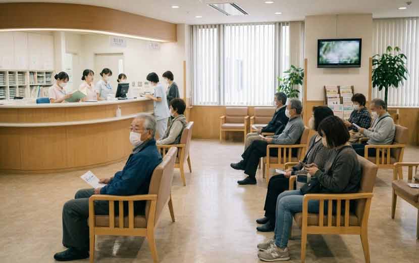 病院の会計待合で番号札を持って待つ人々のイメージ