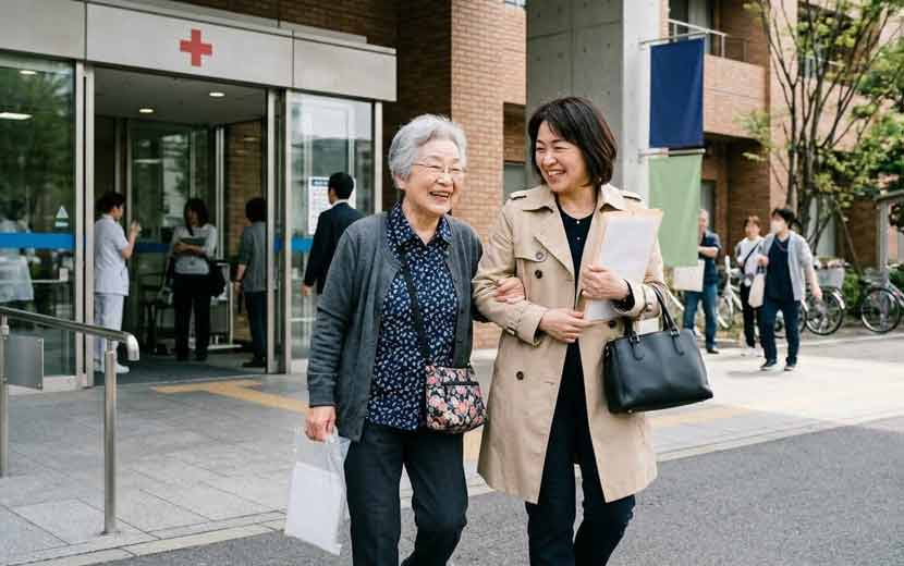 会計を終えて笑顔で病院を出る高齢者と家族のイメージ
