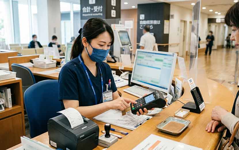 会計窓口で決済端末を操作する医療事務スタッフのイメージ