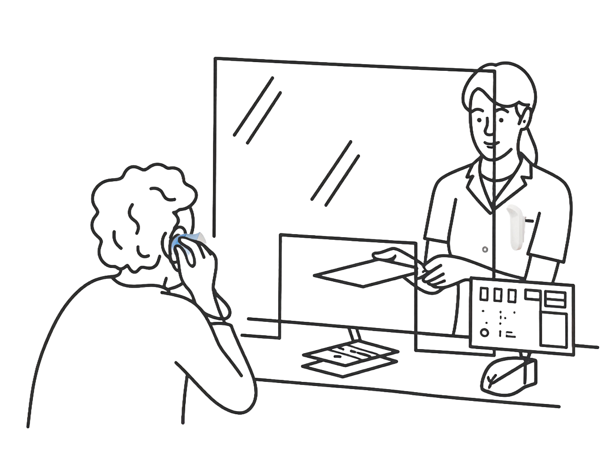 薬局のカウンターで顧客がa.tellを使っているイラスト