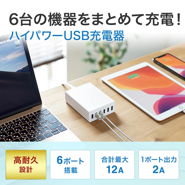 USB充電器 (6ポート・合計12A・ホワイト) ACA-IP67W