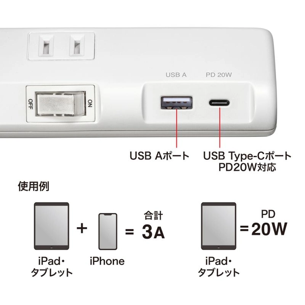 節電タップ (2P・4個口・1m・ホワイト) TAP-B107UC-1W