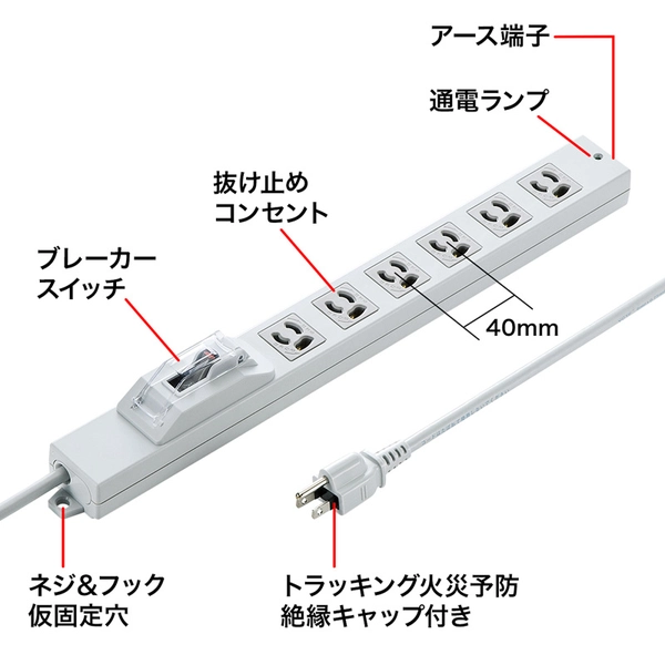 安全ブレーカータップ (オフィス・工場用・3P・6個口・1m) TAP-BR36A-1