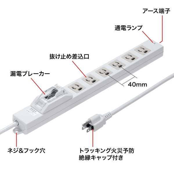 漏電ブレーカータップ (3P・6個口・1m) TAP-BR36LN-1