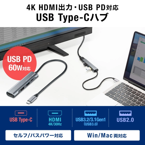 HDMIポート付 USB Type-Cハブ USB-3TCH37GM