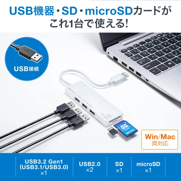 USB3.1+2.0コンボハブ　カードリーダー付き（ホワイト） USB-3HC316WN