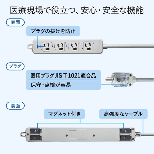 医用接地プラグ付き電源タップ (3P・4個口・グレー・5m) TAP-HPM4-5W