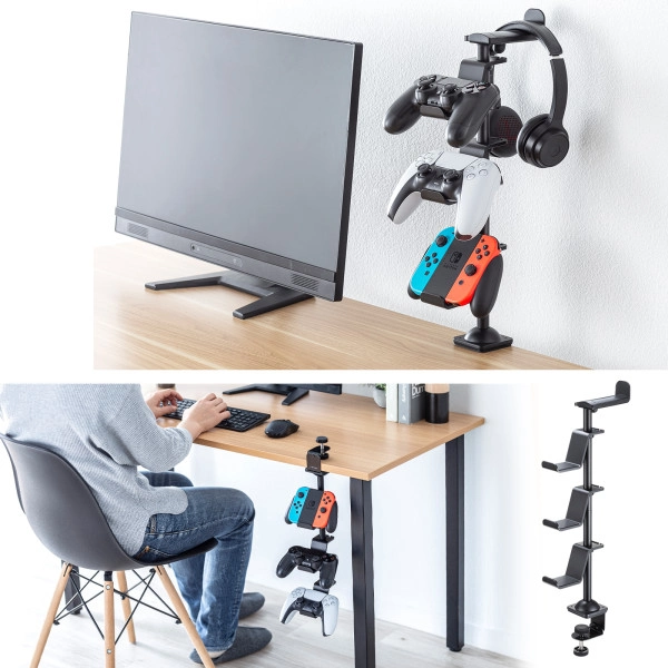 クランプ付きゲームコントローラースタンド(ヘッドフォンホルダー付・ブラック) JY-STN2BK