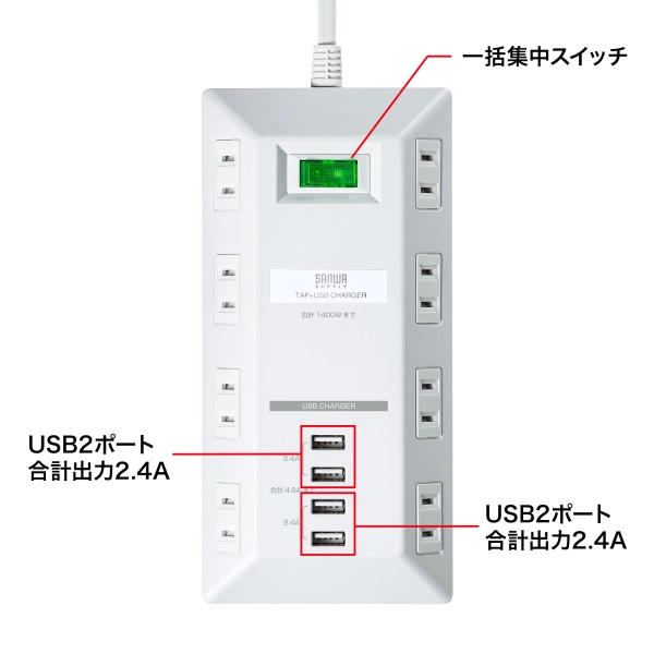 USBジュウデンポートツキタップ ヒラガタ TAP-B109U-3WN