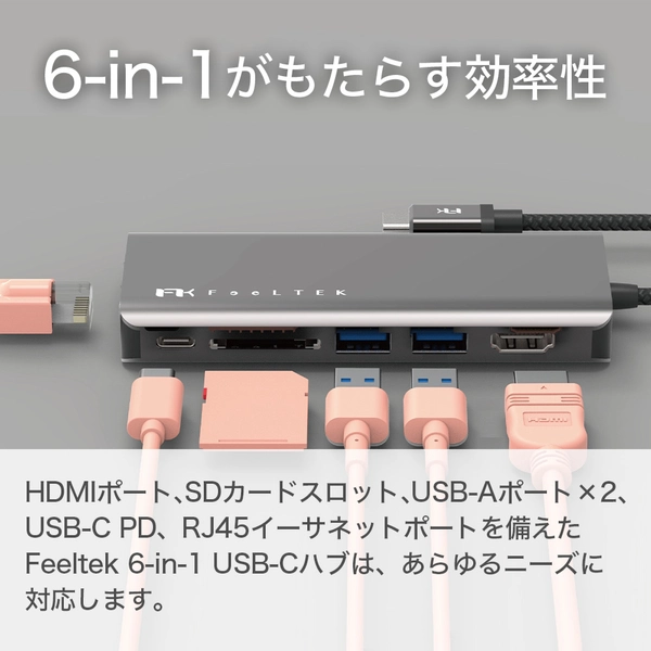 Feeltek ポータブル 6-in-1 USB Type-C ハブ HCM006AP2F