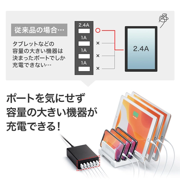 USB充電器 (6ポート・合計12A・ブラック) ACA-IP67BK