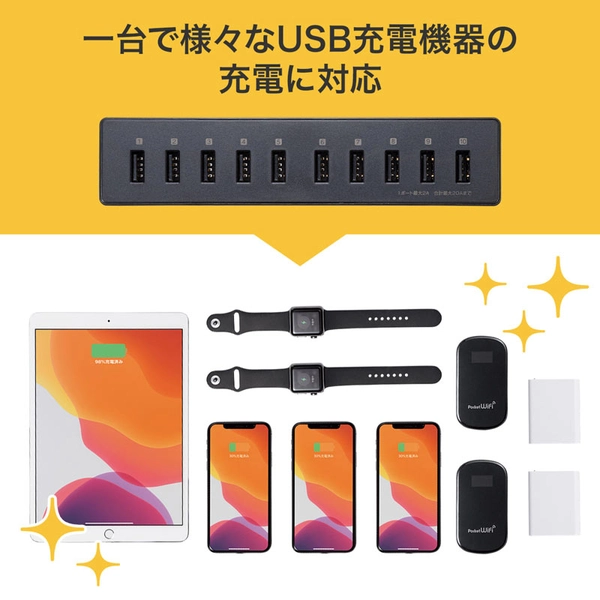 USB充電器 (10ポート・合計20A・高耐久タイプ) ACA-IP68