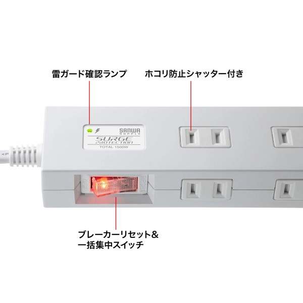 雷タップ 10個口+USB-A+Type-C(PD20W) ホワイト TAP-SP2110NUC-2W