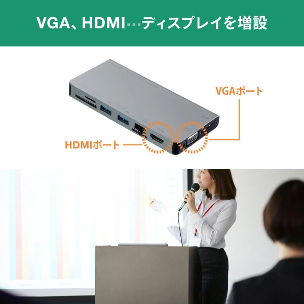 USB Type-C ドッキングハブ(VGA・HDMI・LANポート・カードリーダー搭載) USB-3TCH13S2