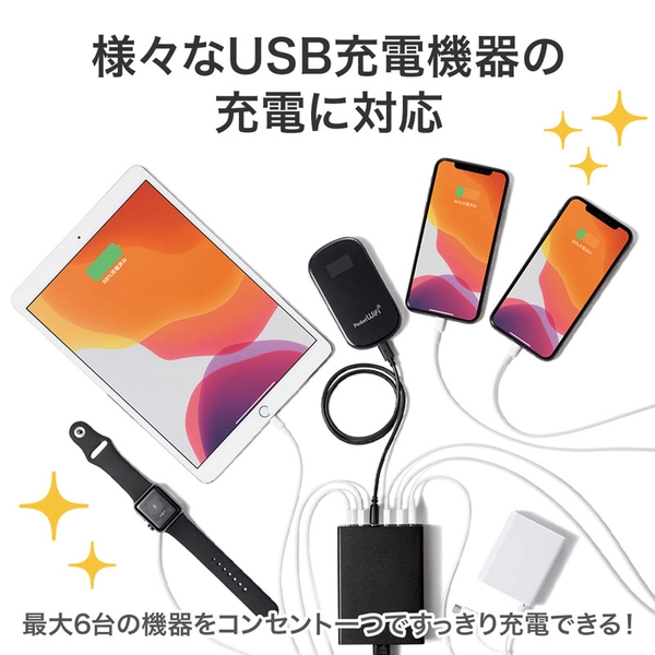 USB充電器 (6ポート・合計12A・ブラック) ACA-IP67BK