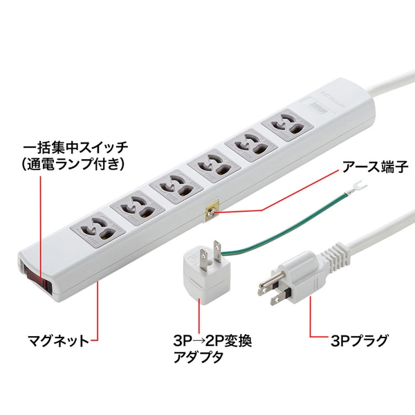 電源タップ (3P・6個口・5m) TAP-36MG-5