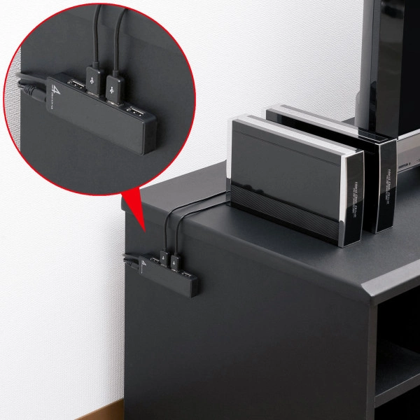 HDD接続対応・面ファスナー付4ポートUSB2.0ハブ（ブラック） USB-HTV410BKN2