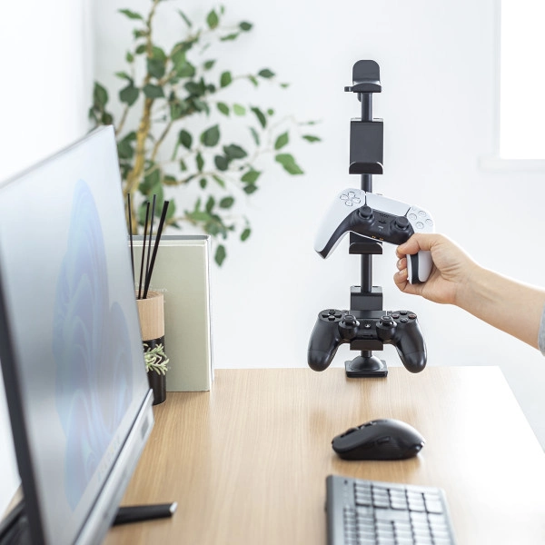 クランプ付きゲームコントローラースタンド(ヘッドフォンホルダー付・ブラック) JY-STN2BK