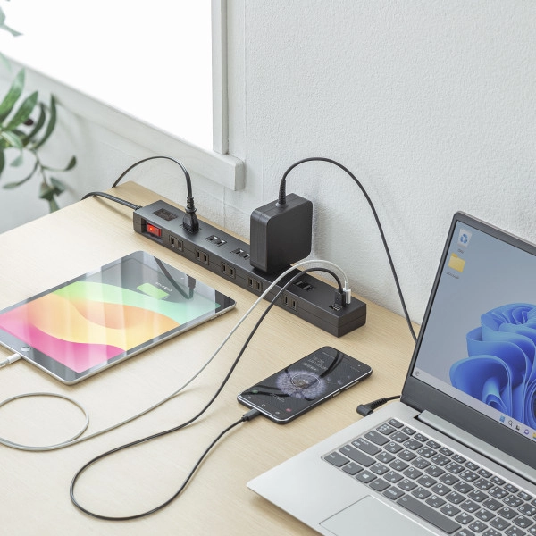 雷タップ 10個口+USB-A+Type-C(PD20W) ブラック TAP-SP2110NUC-2BK