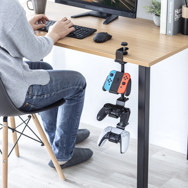 クランプ付きゲームコントローラースタンド(ヘッドフォンホルダー付・ブラック) JY-STN2BK