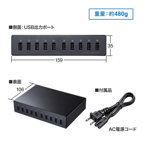 USB充電器 (10ポート・合計20A・高耐久タイプ) ACA-IP68