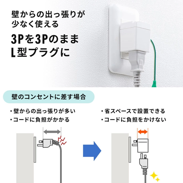 3P・L型変換アダプター (3P2P兼用・温度ヒューズ内蔵・抜け止め・トラッキング防止) TAP-AD9W