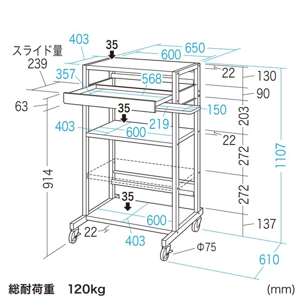 RoHS10対応ハイスタンドパソコンラック (W650×D610mm) RAC-508