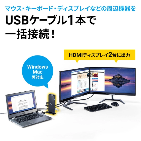 Type-C・USB A接続デュアルHDMIドッキングステーション USB-CVDK7